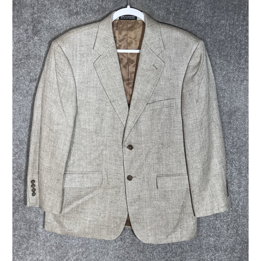 Stafford Silk Two Button Blazer Mens Size 40 Short Beige Chevron Pockets Lined